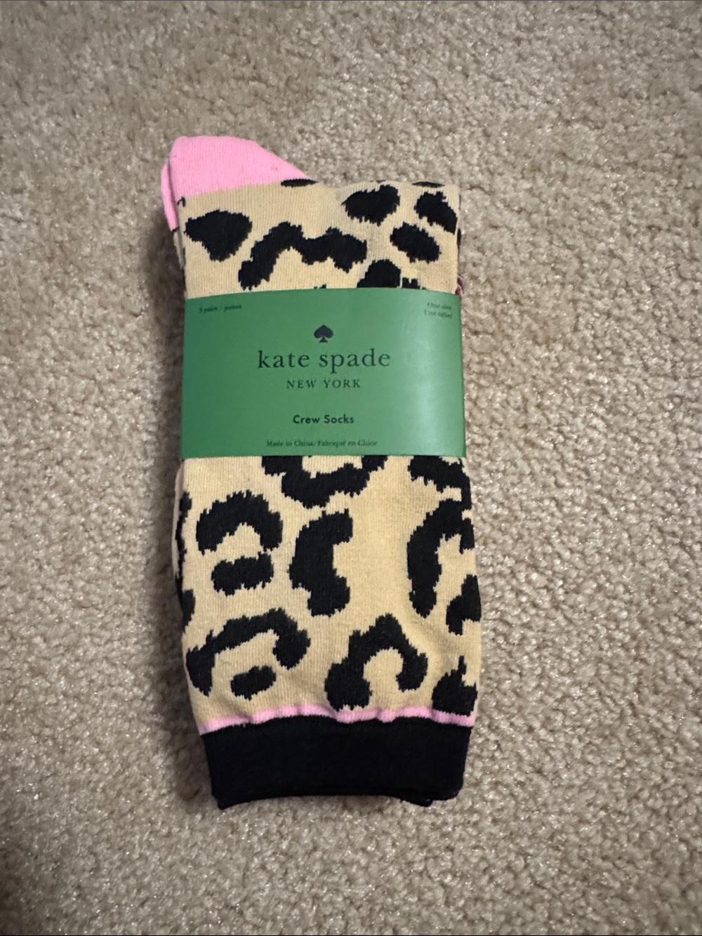 kate spade tan, black & pink leopard crew socks